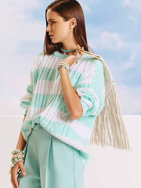 White & Mint Striped Distressed Cable Knit Sweater, 5