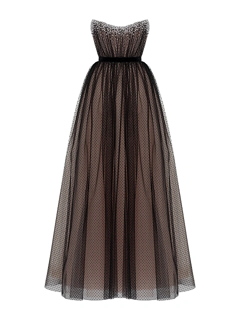 Black Polka Dot Tulle Maxi Dress, 1