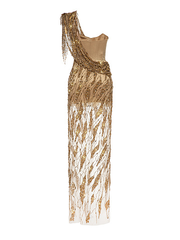 Gold Asymmetric Embroidered Mesh Maxi Dress, 2