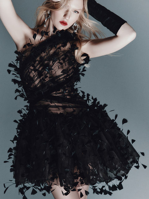 Black Feather Mesh Mini Dress, 5