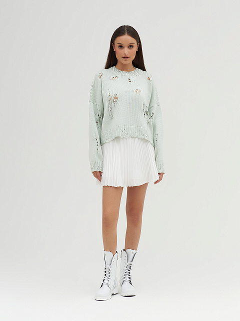 Mint Green Distressed Cropped Cotton Sweater, 5