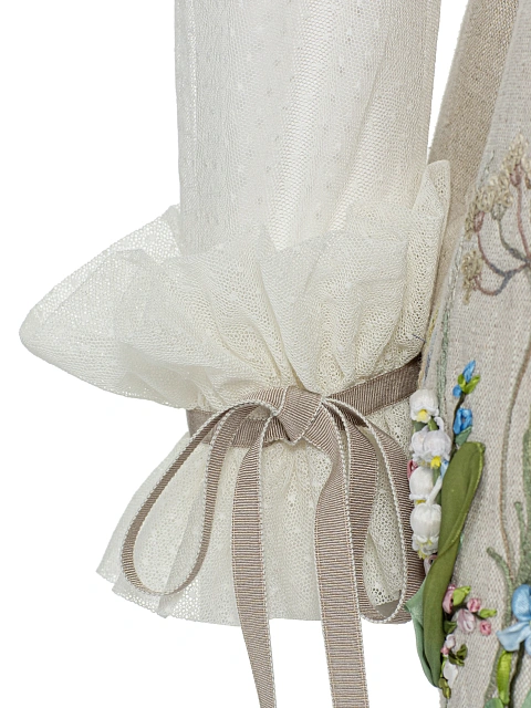 Beige Floral Embroidery Linen Mini Dress, 3