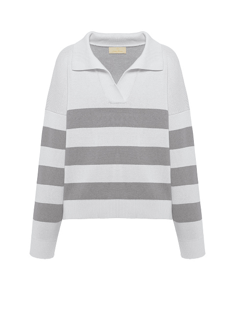 White & Grey Striped Cotton Pullover, 1