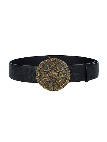 Black Leather Round Buckle Wide Belt, 1