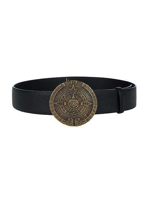 Black Leather Round Buckle Wide Belt, 1