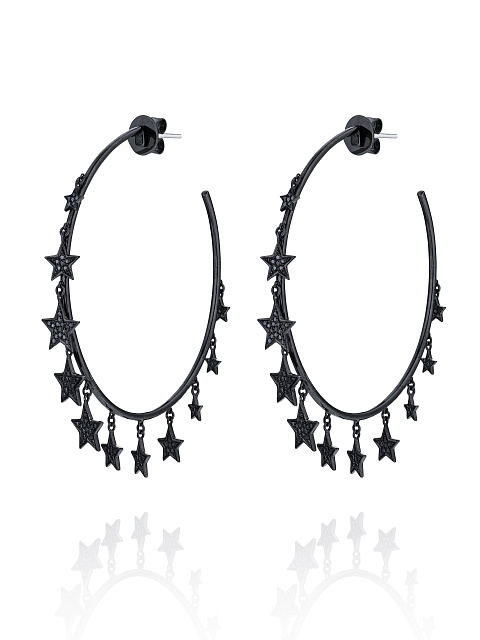 Black Diamond & Black Gold "Star" Hoop Earrings, 1