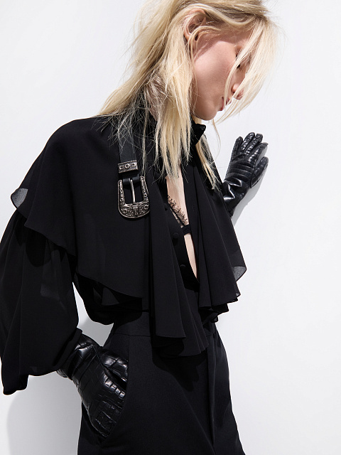 Black chiffon blouse with ruffles and ribbon, 2