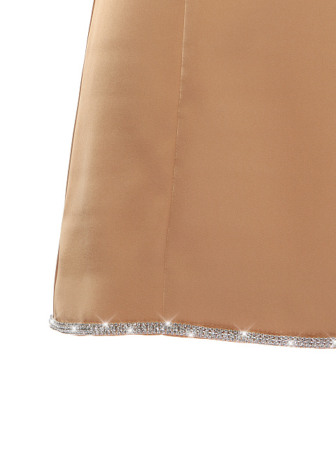 Rhinestones Trimmed Tan Satin Mini Dress, 3