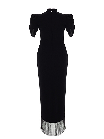 Black Beaded Fringe Silk Maxi Dress, 2