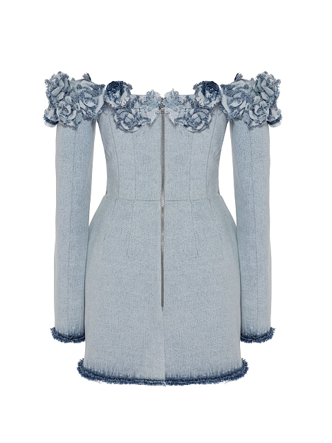 Light Blue Washed Denim Rose Mini Dress, 3