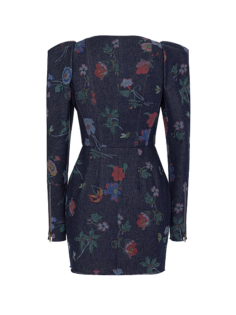 Blue Floral Print Denim Mini Dress, 3