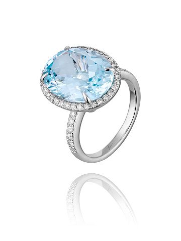 Oval Aquamarine & Round Diamond White Gold Ring , 1