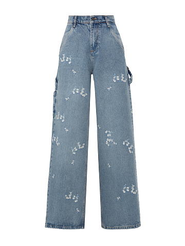 Wide Leg Blue Jeans With Floral Embroidery, 1