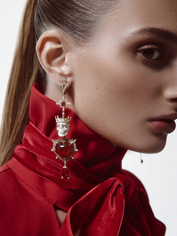 Gold Garnet & Diamond & Mammoth Tusk Skull Earrings, 2