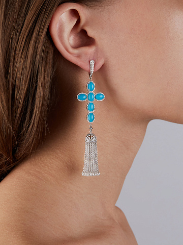Cabochon Oval Turquoise & Round Diamond & White Gold Tassel Earrings , 2