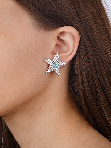 Tourmaline Paraiba, Round Diamond & White Gold "Star" Earrings, 2