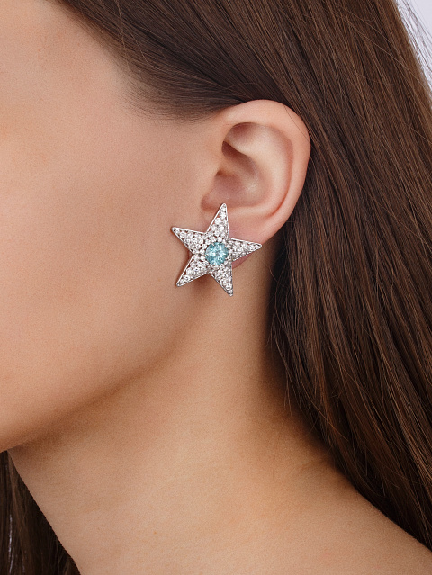 Tourmaline Paraiba, Round Diamond & White Gold "Star" Earrings, 2 Tourmaline Paraiba, Round Diamond & White Gold "Star" Earrings, 2