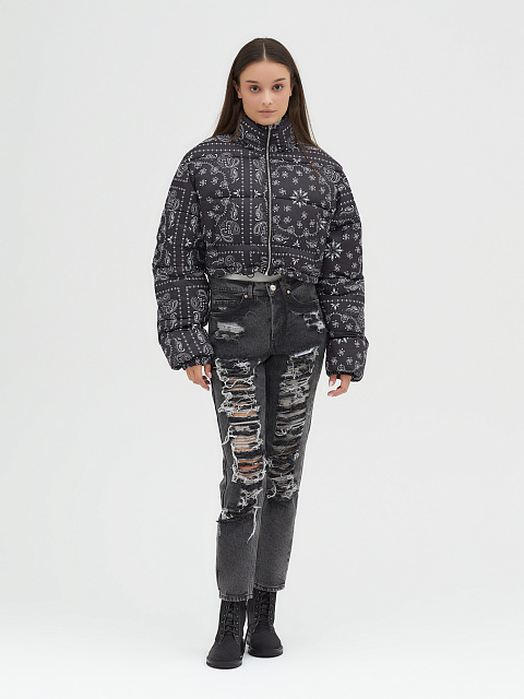 Black cropped down jacket with paisley pattern, 14