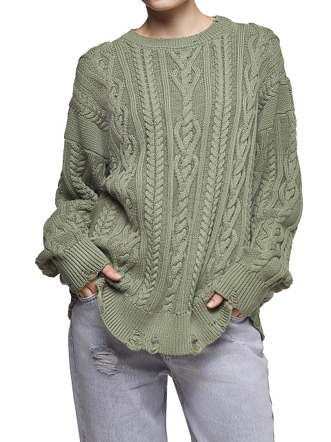 Green Unisex Cable Knit Cotton Sweater, 4 Green Unisex Cable Knit Cotton Sweater, 4