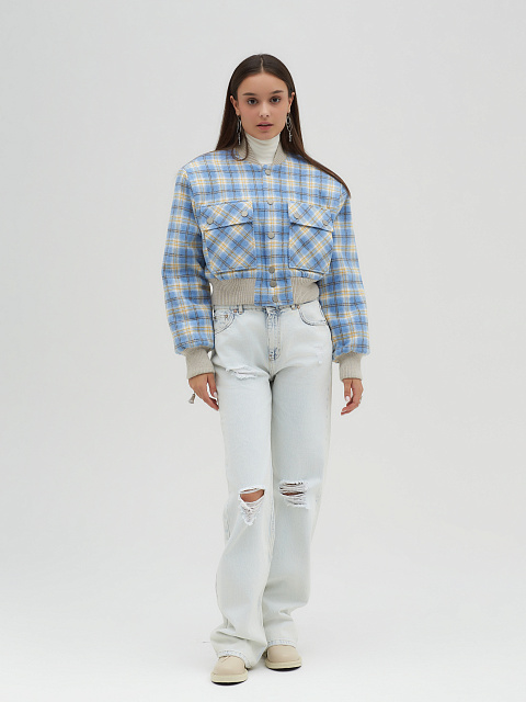 Light Blue Plaid Cropped Bomber Jacket, 4