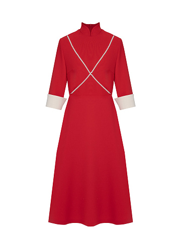 Red Midi Dress With White Pearls, 1