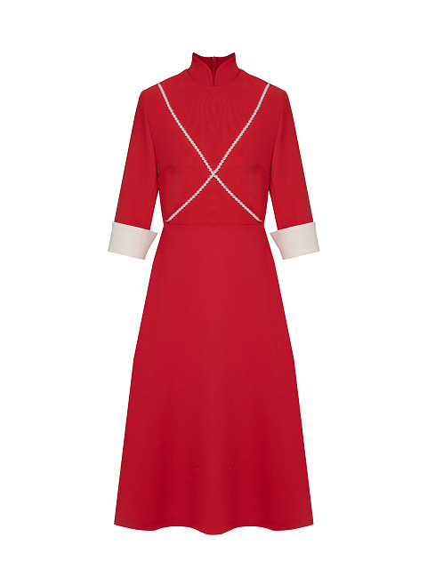 Red Midi Dress With White Pearls, 1