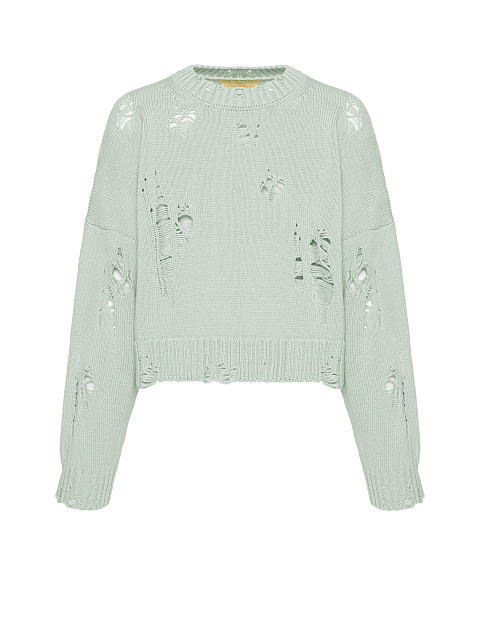 Mint Green Distressed Cropped Cotton Sweater, 1