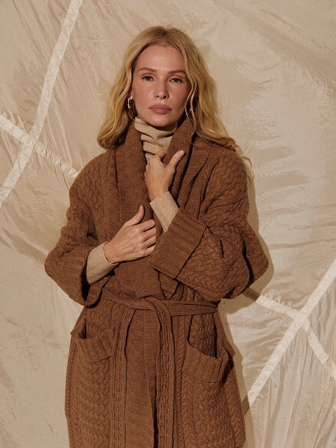 Brown Merino Wool & Cashmere Knitted Coat, 3