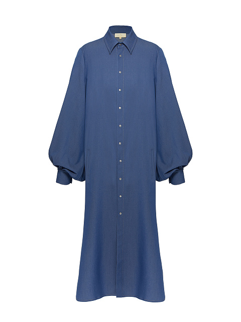 Blue Cotton Puff Sleeves Shirt Dress, 1