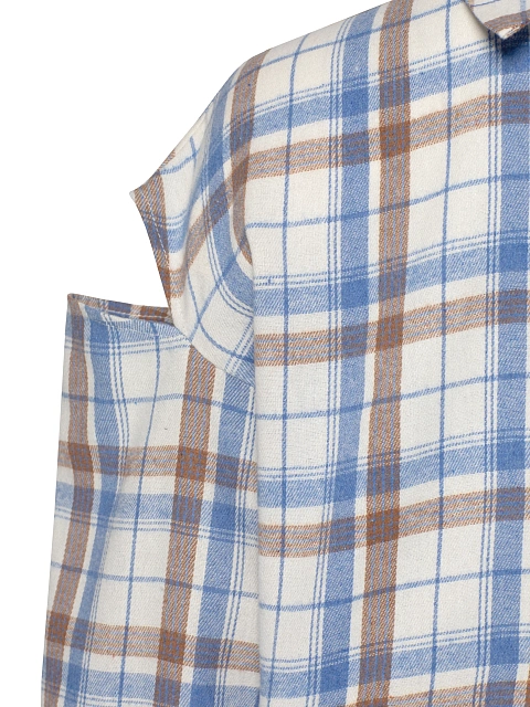 Beige & Blue Cut Out Cropped Check Shirt, 3