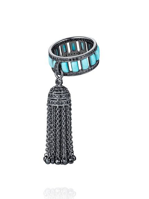 Black Gold, Turquoise & Black Diamonds Tassel Ring, 1