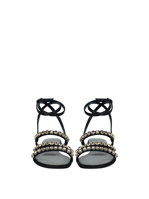 Black Rhinestones Satin Sandals, 2