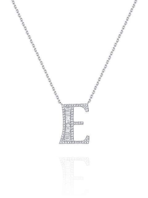 White gold and diamond pendant necklace in the shape of the letter E, 1