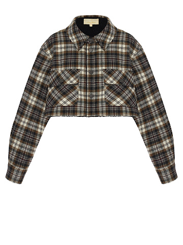 Brown & Black Checked Cropped Faux Fur Lined Shirt, 1