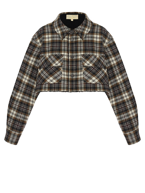 Brown & Black Checked Cropped Faux Fur Lined Shirt, 1
