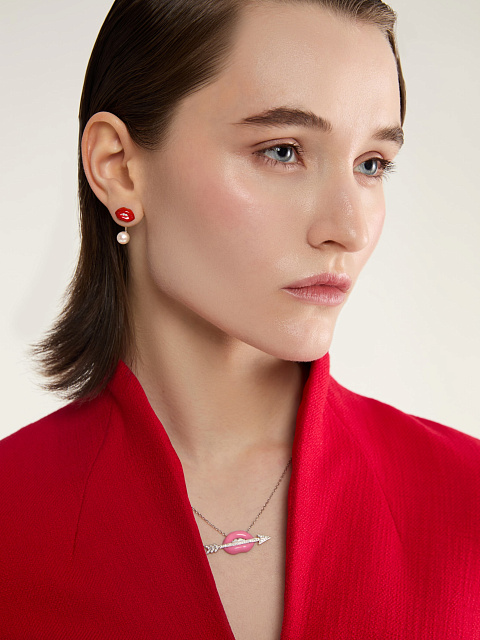 Necklace with a white gold pendant with pink enamel and diamonds, 6