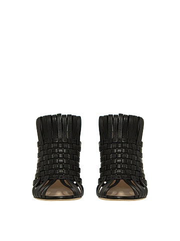 Black Woven Leather Heeled Mules, 2