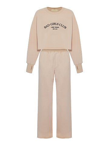 Black Embroidery Bad Girls Club Light Beige Jersey Set, 1