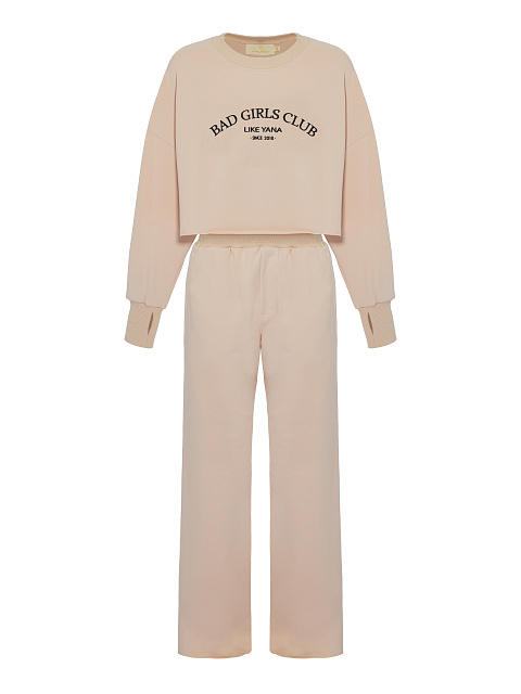 Black Embroidery Bad Girls Club Light Beige Jersey Set, 1