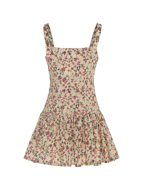 Beige cotton mini dress with pink floral print, 2