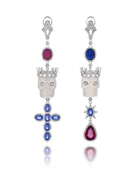 White Gold, Rubies & Sapphires Skull Earrings, 1