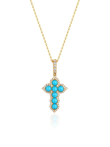 Yellow gold cross pendant necklace with turquoise and diamonds, 1