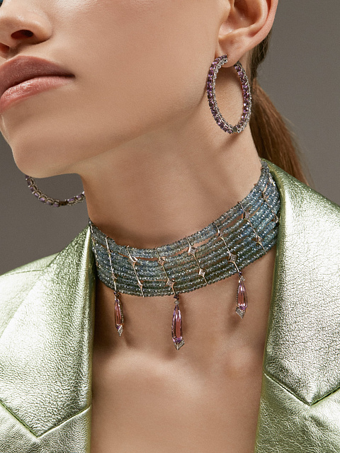 Oval Amethyst & Round Diamond & Black Gold Hoop Earrings, 3