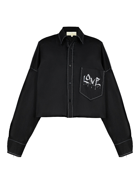 Love Embroidered Black Cotton Cropped Shirt, 1 Love Embroidered Black Cotton Cropped Shirt, 1
