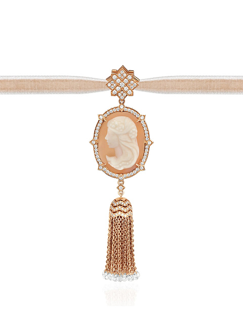 Tassel pendant in rose gold with a shell cameo and diamonds , 1