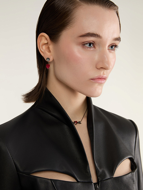 Blackened gold earrings with mother-of-pearl and ruby, 2 Blackened gold earrings with mother-of-pearl and ruby, 2