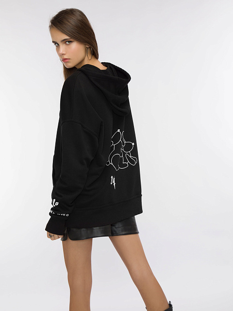 White Back Printed Black Cotton Hoodie, 6