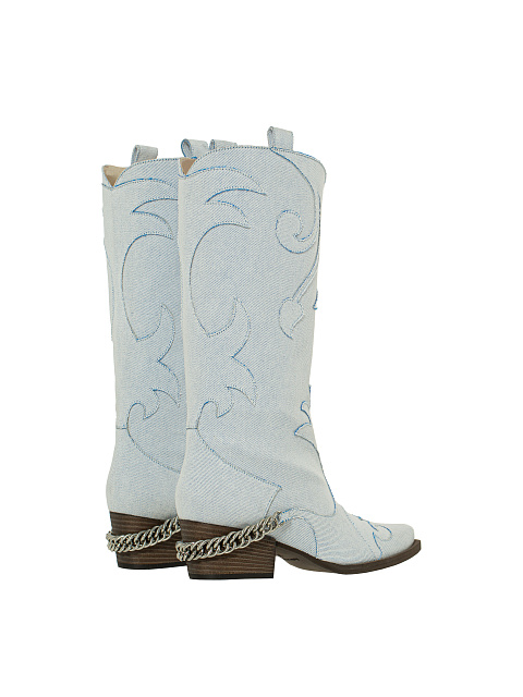 Light Blue Denim Embroidered Cowboy Boots, 3