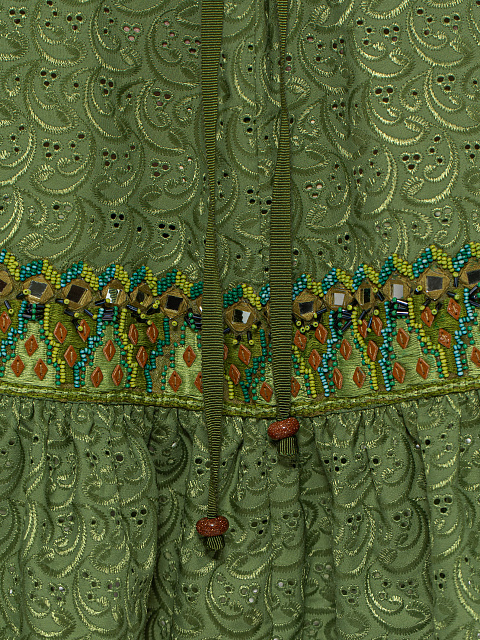 Green Beaded Cotton Mini Dress, 5