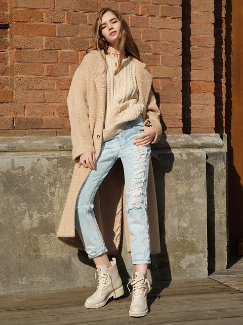 Beige Distressed Cable Knit Sweater, 3